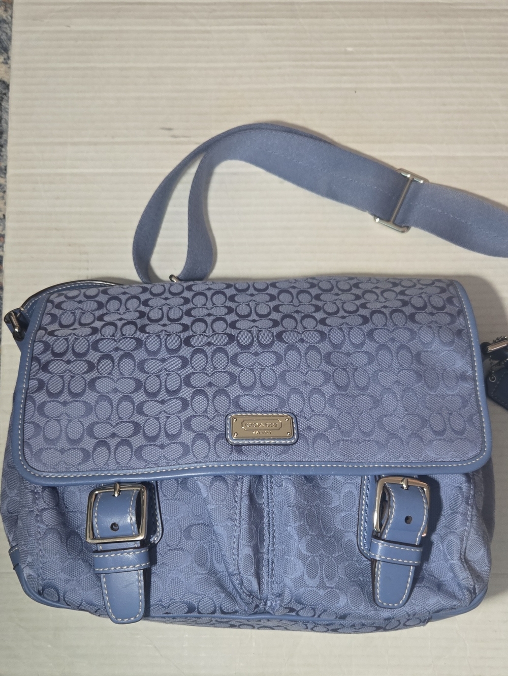 Coach Light Blue Signature Canvas Messenger Bag with Buckle Details